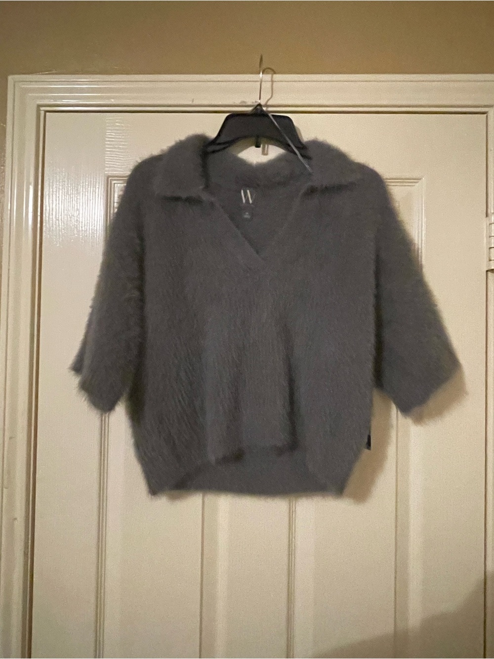Worthington Fuzzy V-Neck Short Sleeve Sweater - Gray Size: M